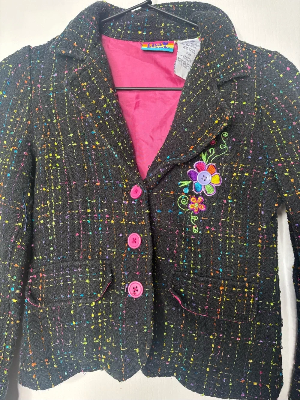 Vintage Y2K Lisa Frank Black Multi-Color Tweed Button Blazer Jacket Girls 10/12